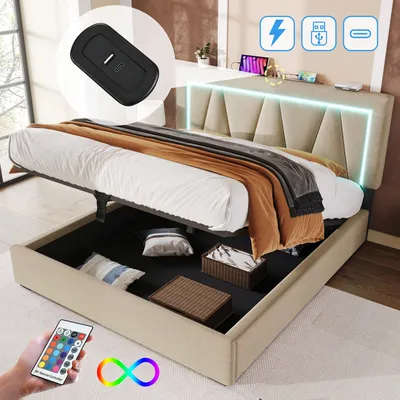Image de Merax LED Lit rembourré 140x200cm avec fonction de chargement USB et type-C, lit boxspring hydraulique avec espace de rangement, lit double de rangement Lin, Beige