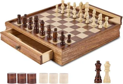 Produktbild von Massivholz-Schachbrett, 15 Zoll, 2-in-1 Schach- & Damebrett, Aufbewahrungsschachtel, Gewichtete Stücke, 2 Königinnen, Erwachsene & Kinder, Turnier, Anfänger
