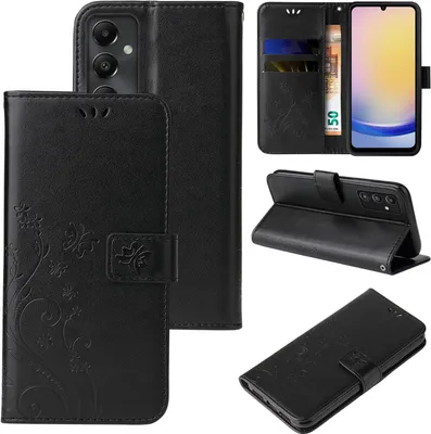A collage of images showing a black flip phone case with a floral and butterfly design, including close-ups and different angles.