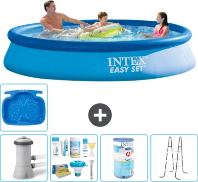 Produktbild von Intex runder aufblasbarer Easy Set-Schwimmpool – 366 x 76 cm – Blau – inklusive Pumpe Wartungspaket - Filter - Leiter - Fußbad