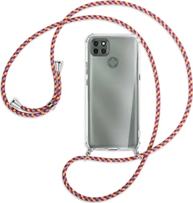 Produktbild von Handykette Backcover-Schutzhülle mit Band (Metall silberfarben) für Motorola Moto G9 Power - weinrot/gelb/grau