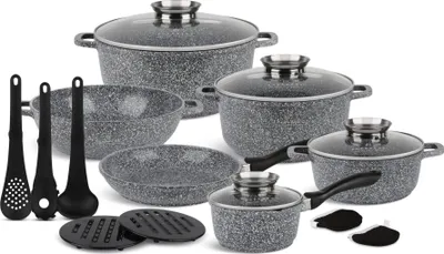Produktbild von Wunderschönes Set grauer 15tlg Töpfe, Topfset Kasserolle Suppentopf Wok Bratpfanne Glasdeckel Induktion ,Steinbeschichtung (1.3L / 2.3L / 4.5L / 6.8L)