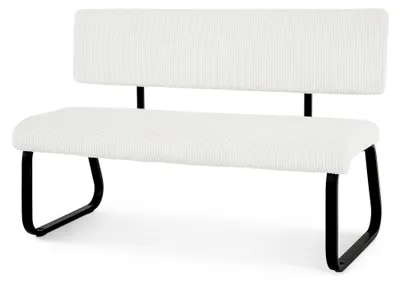 Produktbild von Esszimmerbank MATESE aus Kord, weiß – gemütliche Sitzbank mit Rückenlehne, gepolstertem Sitz, Metallgestell in Schwarz, moderne Küchenbank für 2 Personen