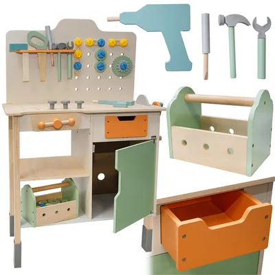 Image de 4iQ Bois Atelier pour enfants "Majsterek" 63,5x34x94 cm - Banc d'outils en bois y compris set d'outils