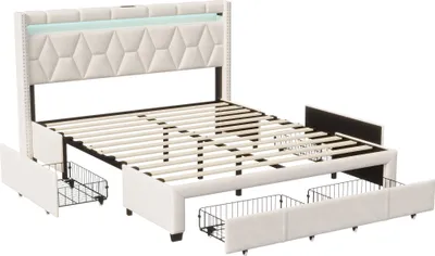 Image de CDGlobal Lit double Lit 160x200 avec tête de lit LED et port USB/Type-c, lit de rangement avec 4 espaces de rangement, tiroirs et rangement tête de lit, lit avec sommier à lattes et coffre de rangement, lin, Beige