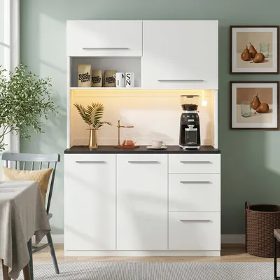 Produktbild von Merax Buffetschrank Hochschrank mit LED Lichtleiste und Steckdose USB-C / -A, Küchenschrank mit verstellbaren Böden, mehrstufigem Stauraum, Weiß