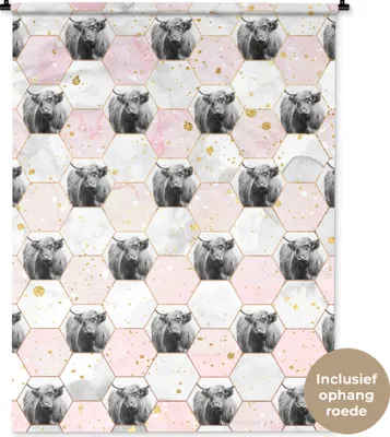 Produktbild von MuchoWow® Wandteppich Wandbehang Schottisches Hochlandrind - Marmor - Gold 120x160 cm Tapisserie Dekoration Wandtuch - Wohnzimmer - Moderne