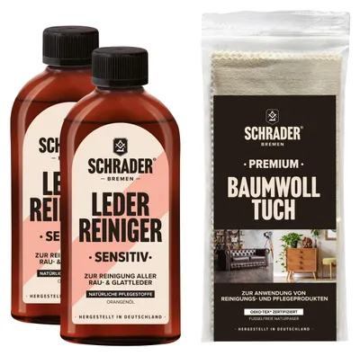Produktbild von SCHRADER Lederreinigung Set - Reiniger und Poliertuch - für alle Lederarten - Ledermöbel & Lederkleidung - farbneutral - 3-teilig - Germany