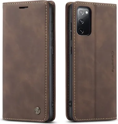 A brown leather phone case for a Samsung Galaxy S20 FE is shown from two angles.