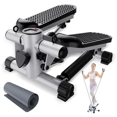 A mini-stepper fitness machine with a rolled-up mat and a woman using resistance bands.