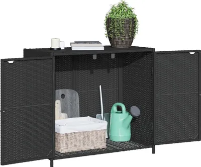 A black poly rattan garden cabinet with its doors open, displaying gardening tools and a basket inside. A potted plant sits on top.