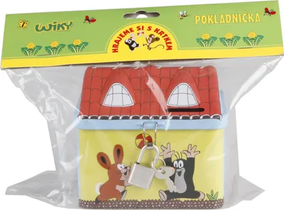 A toy money box shaped like a house, packaged in plastic.