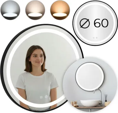 Obrázok produktu pre LED kúpeľňové zrkadlo, okrúhle 60 cm, dotykový spínač, 3 farby svetla