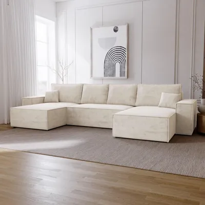 Produktbild von Ecksofa U Form mit Schlaffunktion Bergamo - Eckcouch 375 cm mit Bettkasten, Schlafsofa U Vanille (Amor Velvet 4323)