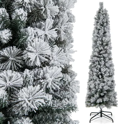 Obrázok produktu pre COSTWAY 180 cm vianočný stromček s ceruzkou a snehom, umelý vianočný stromček s osvetlením, 150 LED diód v teplej bielej farbe, úzky vianočný stromček s kovovým stojanom, umelý vianočný stromček PVC, biely