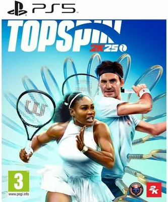 Cover art for the video game Top Spin 2K25, featuring tennis players Serena Williams and Roger Federer.