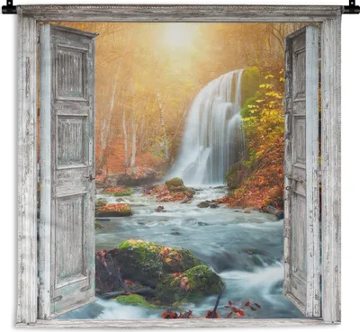 Produktbild von MuchoWow® Wandteppich Wandbehang Wasserfall - Aussicht - Landschaft 120x120 cm Tapisserie Dekoration Wandtuch - Modern - Baumwollgewebe