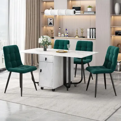 Obrázok produktu pre Jedálenský set Fortuna Lai (sada, jedálenský stôl 150 × 80 × 76 cm so 4 stoličkami), skladací kuchynský stôl, zamatové jedálenské stoličky, čalúnená stolička, dizajnová stolička s operadlom, doska stola z MDF v bielej farbe, čierne nohy stola