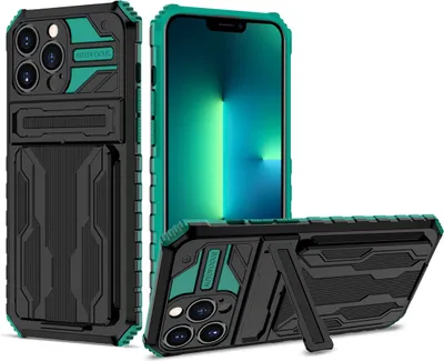 Immagine prodotto di Custodia per iPhone 14 Pro, custodia ibrida di protezione robusta con porta carte e supporto verde