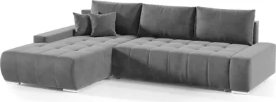 A gray sectional sofa with tufted cushions is shown against a white background.