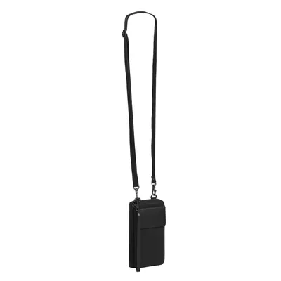A black leather crossbody bag with a long strap, shown against a white background.
