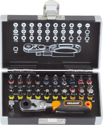 Produktbild von Projahn Color-Bit-Box 1/4" mit Mini-Bit-Knarre markierte Bits 33 teilig