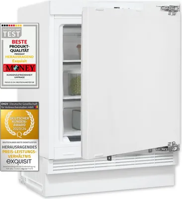 A white under-counter freezer with its door slightly ajar, revealing shelves inside. Several award badges are attached to the left side of the freezer.