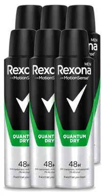 Imagen del producto de 6 aerosoles desodorantes Rexona Men Quantum Dry para hombre, 150 ml cada uno, pack de 6 unidades