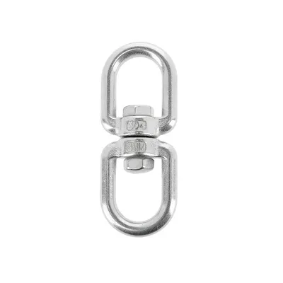 A stainless steel swivel eye bolt with two D-rings, one above the other, connected by a central bolt and nut.