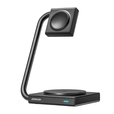 A black wireless charger for an Apple Watch and iPhone is shown against a white background.