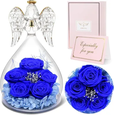 Produktbild von Ewige Rose Engel Geschenk für Frauen, 5 Blaue Rosen im Engel Figur