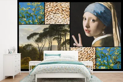 Produktbild von MuchoWow® Fototapete für Wohnzimmer oder Schlafzimmer Wandtapete Vinyl Motivtapete Mädchen mit Perlenohrring - Collage - Alte Meister - 390x260 cm - Papiertapete