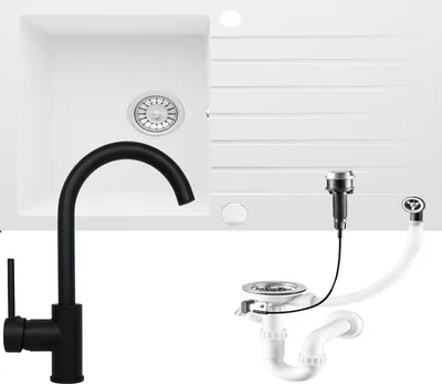 Produktbild von Granitspüle Küchenspüle Armatur Granit Siphon Einbauspüle Spülbecken Spüle76x45 Weiß