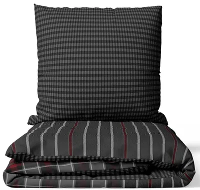 Produktbild von Renforce Bettwäsche Set 240x220 cm 100% Baumwolle Anthrazit Bordeaux Gestreift Kariert mit Reißverschluss