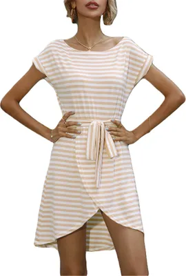 Produktbild von ASKSA Damen Sommer Kurzarm Kleider Streifen Rundhal Freizeitkleid Schlitz Tunikakleider mit Taillenbund, Aprikose, XL