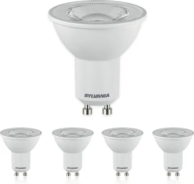 A studio shot of five Sylvania LED light bulbs against a white background. One bulb is positioned above the other four, which are arranged in a row.