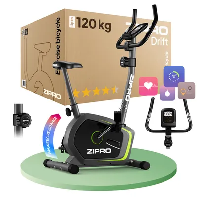 A Zipro Drift exercise bike is shown with its packaging and marketing icons.