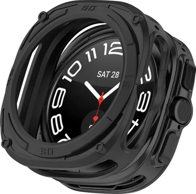 A black protective case for a smart watch is shown in a studio shot.
