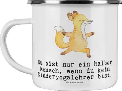 Produktbild von Mr. & Mrs. Panda Campingbecher Kinderyogalehrer Herz - Weiß - Geschenk, becher emaille, Tasse, Haferl, Pott, Teetasse