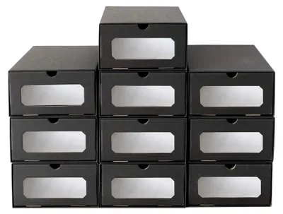 Produktbild von 10 x PresentFill® Schubladenbox Aufbewahrungsbox Schuhbox Schuhschachtel Schuhkarton Ordnungsboxen Schwarz transparent Sichfenster stapelbar aus Pappe Karton Schuhaufbewahrung Schuhorganizer