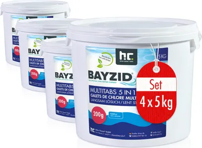 Four white buckets of pool chemicals are arranged diagonally, with the front bucket being the largest and most detailed.