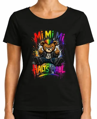 Imagen del producto de Camiseta para mujer, color , talla L, con el diseño "Mi Mi Mi Halts Maul Bär Punk Rocker Regenbogen Statement" (que podría traducirse como "Mi oso punk rockero con mensaje de arcoíris")