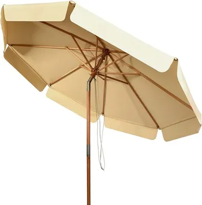 An open umbrella with a wooden pole and beige fabric.