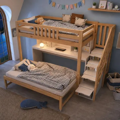 Produktbild von Merax Etagenbett Kinderbett 90x200 + 90x190 mit Treppenschrank, Hochbett mit Ausziehbett, Kinderbett mit Schreibtisch und Regal, EN 747-1:2024, Weiß