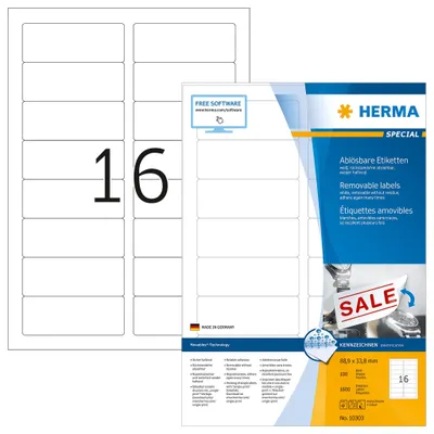 Produktbild von Etiketten A4 weiß 88,9x33,8 mm Movables/ablösbar Papier matt 1600 St.