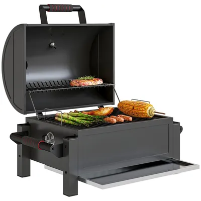 Produktbild von Outsunny Holzhohlgrill, Tischgrill mit Grillrost, Kohleschale, Deckel Schwarz