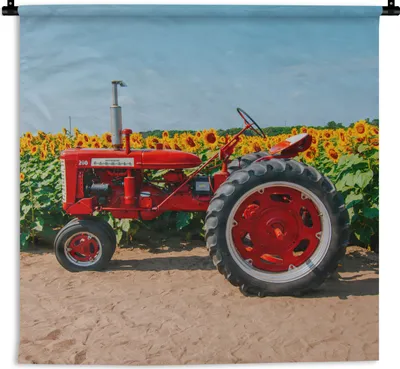 Produktbild von MuchoWow® Wandteppich Wandbehang Traktor - Rot - Sonnenblume - Bauernhof - Blumen 150x150 cm Tapisserie Dekoration Wandtuch - Wohnaccessoires - Modernes