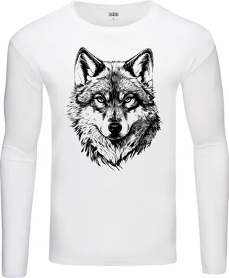 Produktbild von Herren Warm, Langarm-T-Shirt mit Druck Skizze des Wolfes Weiß Gr.XXL