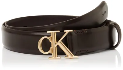 Imagen del producto de Cinturón para mujer Calvin Klein, hebilla redonda con el logo CK, 30 mm, superficie lisa, modelo LV04F7074G, color marrón