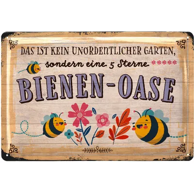 Produktbild von LANOLU Retro Blechschild BIENEN-OASE Schild, Blechschilder Garten mit Sprüchen, nostalgische Dekoration als Gärtner Geschenke 20x30cm